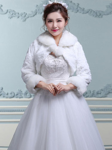 Châle de mariage fausse fourrure manches longues blanc pour mariée
