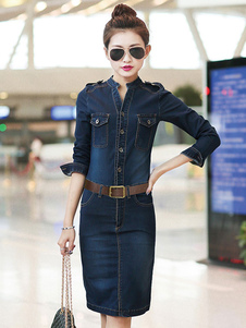 Causalité ceinturée robe en Denim manches longues pour femme