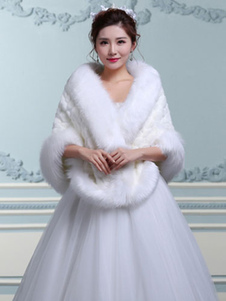Élégant blanc sans manches fausse fourrure Rectangle châle de mariage pour la mariée