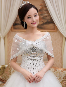 Châle de mariage Bow mariée élégante dentelle sans manches fausse fourrure