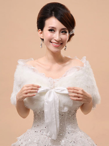 Boléro de mariage en fausse fourrure blanc à lacets avec noeud