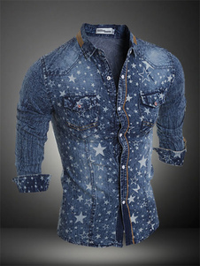 Étoiles manches longues impression façonnage poches Denim Casual chemise d'homme
