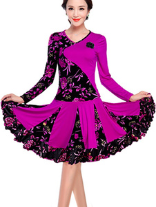 Multicolor col en v des femmes Floral imprimé manches longues Salsa Dance Costume