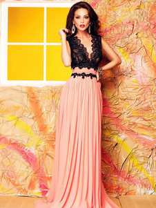 Robe longue rose clair bicolore plissé dentelle col V