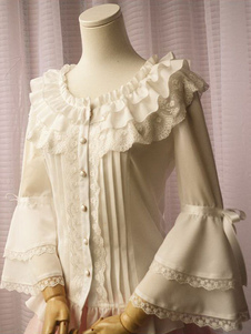 Lolita de mousseline de soie blanche Blouse Hime longues manches dentelle ronde collier volants