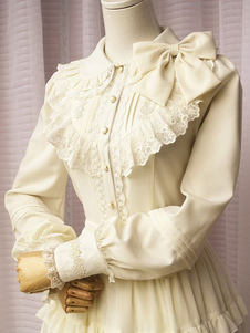 Hors blanc Lolita Blouse manches longues dentelle Bow Trim volants