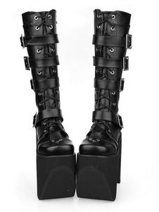 Bottes de lolita sublimes noires à talons épais