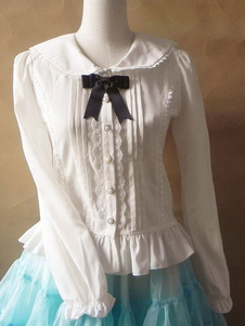 Sweet Lolita blanc en mousseline de soie Blouse manches longues volants garniture noir Bow