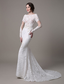 Robe de mariée gracieuse sirène dentelle ivoire avec perles Avec traîne