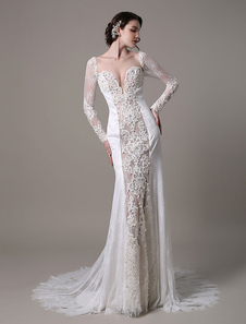 Robe de mariée exquise sirène en dentelle ivoire avec perles avec traîne