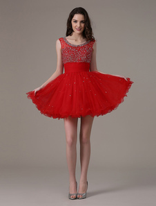 Robe de cérémonie A-ligne en satin stretch rouge avec perles mini