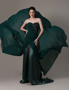 Robe de soirée sirène en chiffon vert foncé Avec traîne