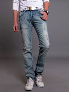 Jean homme coupe droite en denim bleu clair bleu avec bordure