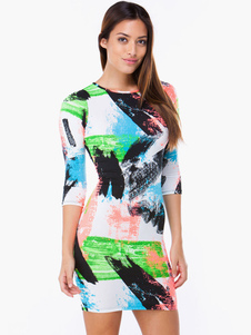 Mini robe multicolore impression col ras du cou