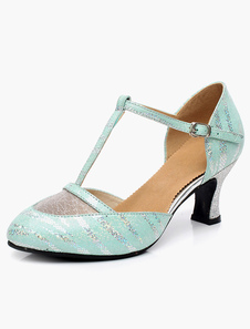 Chaussures de danse latine vert talons épais T-bracelet et bout amande