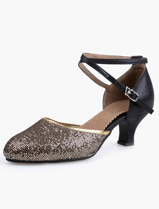 Chaussures de latine Paillette or talons épais semelle souple et bout amande