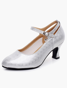 Chaussures de latine verni argent talons épais ruban aux chevilles bout amande