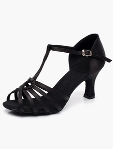 Chaussures de latine en satin talons épais T-bracelet et bout ouvert