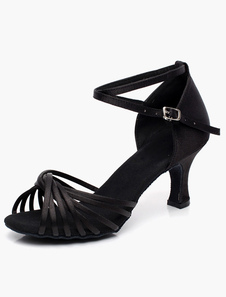Chaussures de danse latine en satin talons épais ruban aux chevilles bout ouvert