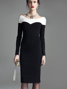 Robe bodycon noir col bateau en patchwork convenable