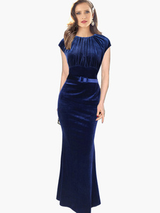 Robe longue bleu en velours coréen sirène avec ceinture