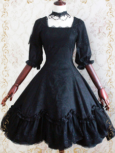 Robe lolita en jacquard noire jacquard dentelle gothique