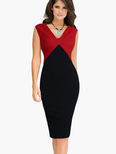 Belle Robe bodycon col V color-block avec zip tordu