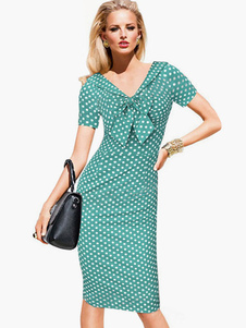 Belle Robe bodycon vert col V à pois avec noeud sirène