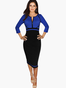 Robe bodycon bleu col V en patchwork convenable