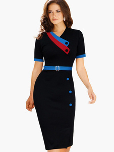 Robe bodycon noir col V color-block avec bouton convenable