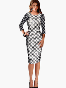 Robe bodycon blanc col rond écossais convenable