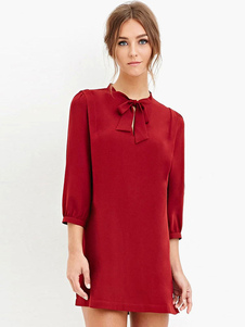 Robe droite mode rouge noeud papillion avec noeud col ras du cou