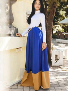 Robe longue color-block style de faux deux-pièces plissé col