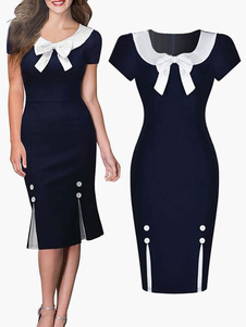 Attrayante Robe bodycon bleu foncé revers embelli avec noeud