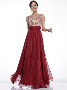 Robe longue bordeaux en chiffon multicouche avec zip col rond