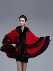 Manteau en fausse fourrure rouge multicouche à capuche