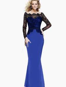 Robe longue en dentelle sirène col bateau