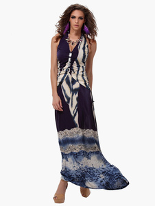 Robe longue violet foncé motif tie-dye col V