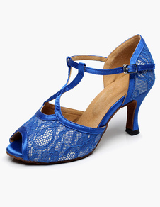 Chaussures de latine en dentelle bleu talons verre bout ouvert