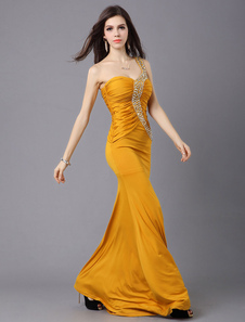 Robe chic sirène kaki à une épaule avec plissement