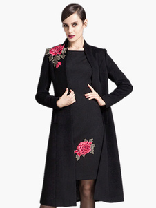 Charmant Manteaunoir brodé col montant