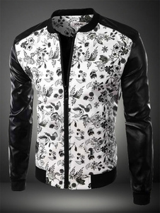 Veste homme en PU noir imprimé feuilles col montant