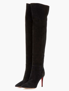 Cuissardes à talons aigus en velours noir Zip ornement métallique