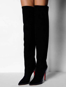 Cuissardes à talons aigus en velours noir Zip ornement métallique