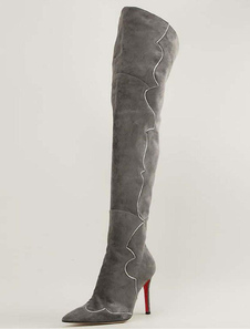 Cuissardes à talons aigus en velours gris Zip ornement métallique