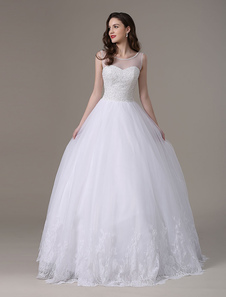 Robe mariée boule en tulle blanc cou translucide longueur plancher