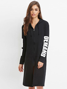 Robe droite mode noir imprimé ltres surdimensionné avec zip à capuche