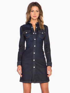 Mini Robe en denim bleu foncé avec bouton col large