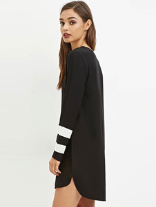 Robe droite mode noir avec rayure coupe asymétrique encolure dégagée