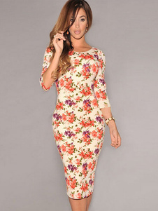 Robe fleurie bodycon en spandex col rond à dos décopullé